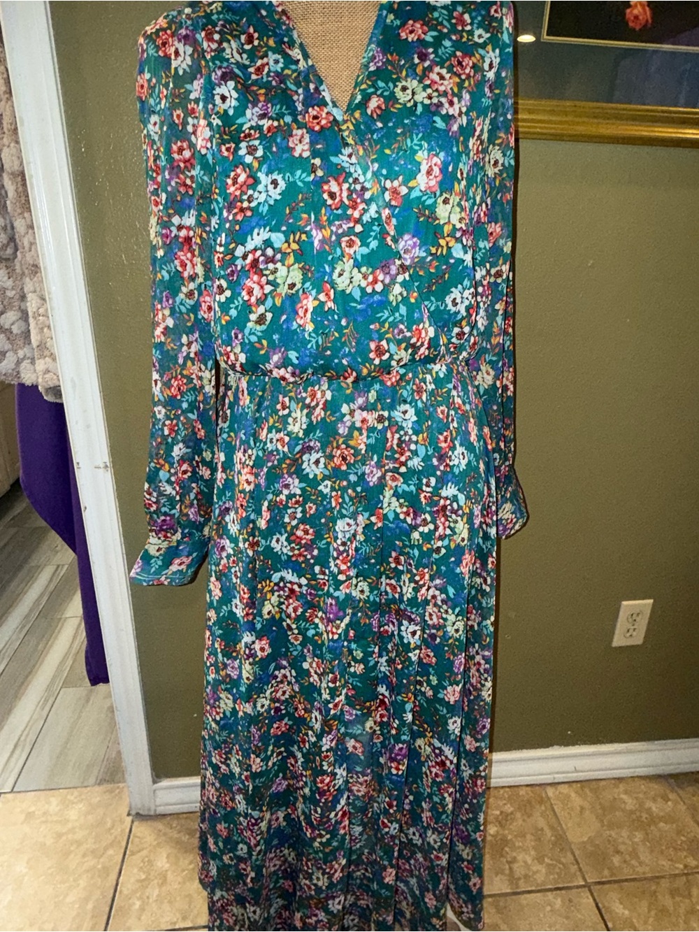 Floral Teal Long Sleeve Maxi Dress